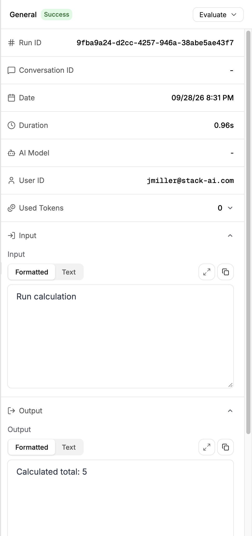 Successful run with populated input and calculated output