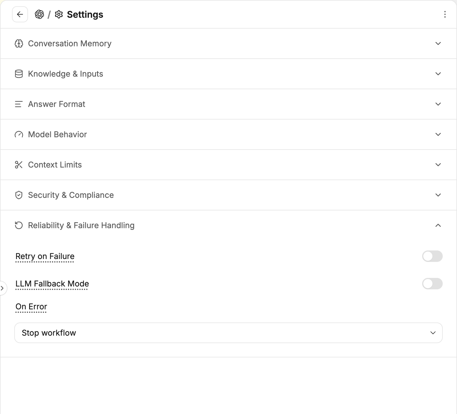 Reliability controls controls in StackAI