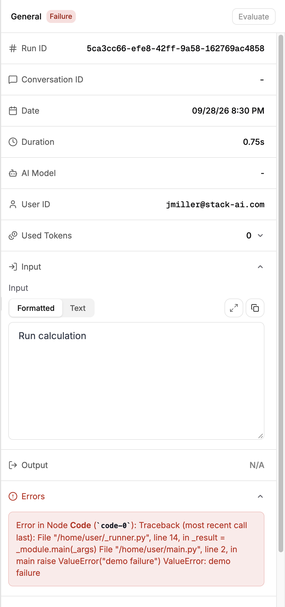 Failed run with a populated input and Code error traceback